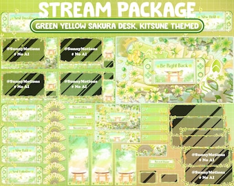ANIMATED Stream Package: Green Lime Yellow Sakura Desk, Cherry Blossom Game Switch Console, Cozy Kitsune Mask, Japanese Folding Hand Fans