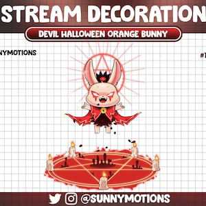 May include: A red and black cartoon devil bunny with a pentagram and candles. The bunny is wearing a red cape and has a crown on its head. The text "DEVIL HALLOWEEN ORANGE BUNNY" is above the bunny. The text "@SUNNYMOTIONS" is in the bottom right corner of the image. The text "#No AI" is in the top right corner of the image.