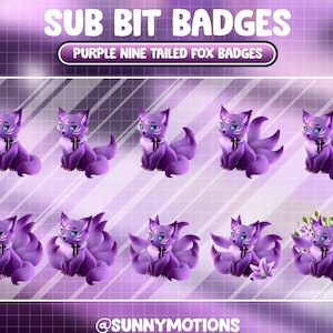 Purple Nine Tailed Fox Twitch Loyalty Sub Bit Badges / Kawai Animal Emoji / Cool Subscriber / Streamer / Emotes / Lily Flower Twitch Overlay