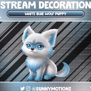 May include: Digital illustration of a white and blue wolf puppy. The puppy has bright blue eyes and accents on its ears, face, and paws. The text "STREAM DECORATION" and "WHITE BLUE WOLF PUPPY" are displayed at the top. The image includes social media handles.