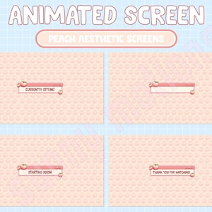 Könnte beinhalten: Vier animierte Bildschirm-Overlays mit einem Pfirsich-Ästhetik. Die Overlays zeigen ein Pfirsich-Muster und Text, der "Aktuell offline!", "Start bald!" und "Vielen Dank fürs Zuschauen!" lautet.