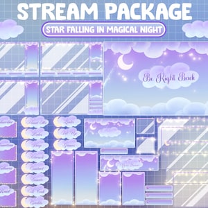 FULL ANIMATED Stream Package / Spring Sky With Glow Moon Twitch Overlay / Aesthetic Purple Blue Cloud Galaxy / Star Falling / Comet Night