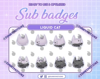8 insignes Twitch Sub Bit bouteille chat liquide noir foncé, bouteille étoile kawaii pour streamer, oreille de chat cramoisi magique, superposition Halloween miaou Twitch