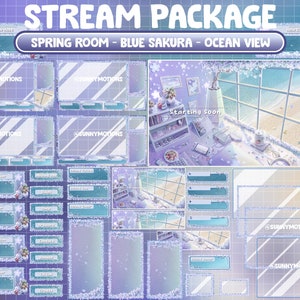 アニメーション Twitch オーバーレイ ストリーム パッケージ: 海の波、ゲーム ルームの夏の海の景色、ビーチの雰囲気、紫と青の桜の家のシーン、アラート