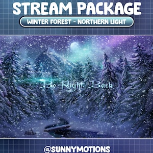K&ouml;nnte beinhalten: Eine verschneite Winterwald-Szene mit Vollmond und einem lila und gr&uuml;nen Nordlicht am Himmel. Der Text "Be Right Back" ist in der Mitte des Bildes geschrieben. Das Bild ist eine digitale Illustration.