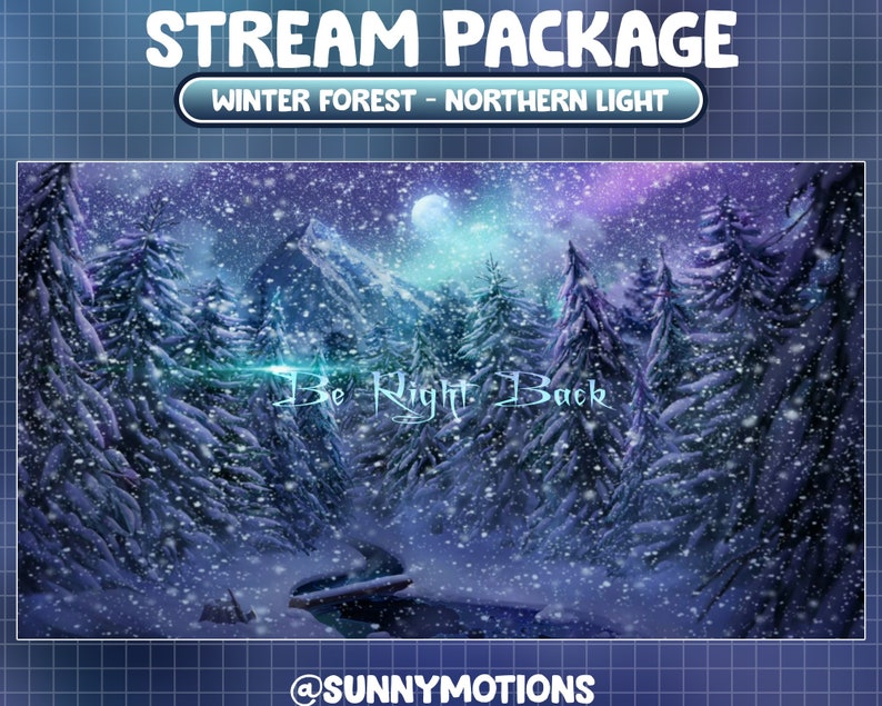 K&ouml;nnte beinhalten: Eine verschneite Winterwald-Szene mit Vollmond und einem lila und gr&uuml;nen Nordlicht am Himmel. Der Text "Be Right Back" ist in der Mitte des Bildes geschrieben. Das Bild ist eine digitale Illustration.