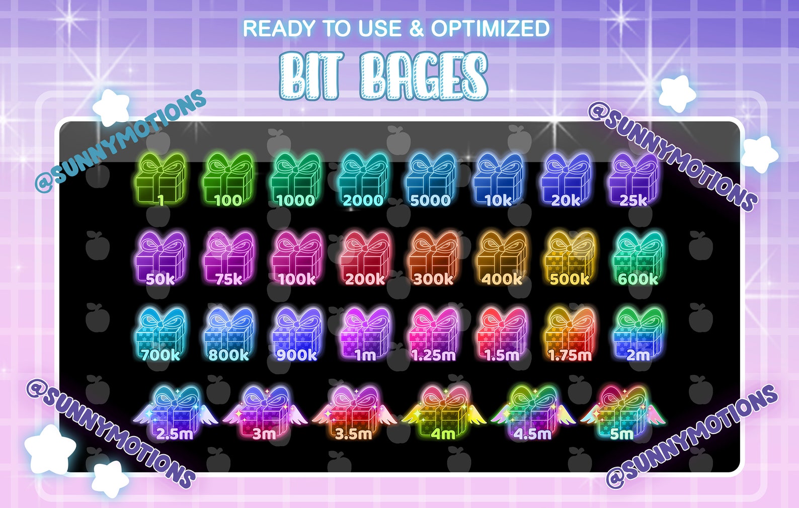 30 Colorful Neon Gift Box Twitch Bit Badges / Cute Rainbow Box With ...