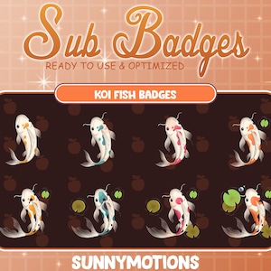 8 badges secondaires Twitch poissons koi / badges poissons koi brillants kawaii / badges emotes emotes poissons japonais orange bleu pour streamers / Discord Youtube