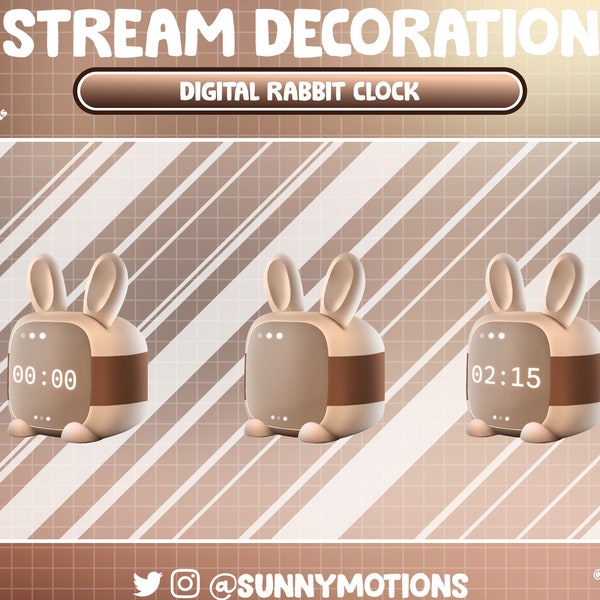 3 Animated Stream Decoration: Aesthetic Digital Rabbit Clock, Timer Count, Brown Bunny O'clock, Bunny Machine, Easter Twitch Overlay