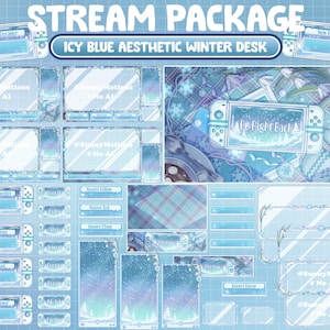 Può includere: Un set di overlay per stream Twitch a tema invernale. Gli overlay sono in uno schema di colori blu chiaro con fiocchi di neve e un motivo a quadri. Gli overlay includono uno schermo "Be Right Back", un avviso "Nuovo follower", un avviso "Nuovo abbonato", e altro ancora.
