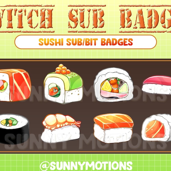 Insignias de suscripción de Twitch de Kawaii Sushi / Emojis lindos / Emotes para streamers / Insignias de suscripción de comida japonesa / Aguacate, pescado, langosta y salmón (parte 1)
