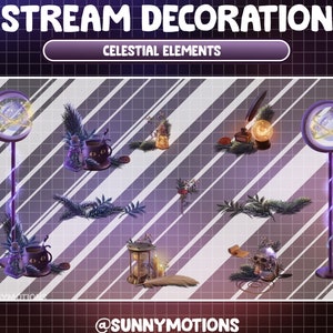 アニメーション付き天体Twitchストリーム装飾：紫色の魔女猫ティーマグ、植物、葉、地球儀、頭蓋骨、月光 / 美的ウェブカメラボーダー