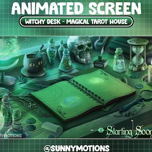 Può includere: Una scrivania da strega verde e nera con un libro, candele, pozioni, un teschio e una sfera di cristallo. Il testo "Witchy Desk - Magical Tarot House" è visualizzato sopra la scrivania. Il testo "Starting Soon" è visualizzato sotto la scrivania.