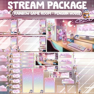 ANIMATED Twitch Overlay Stream Package / Lo-fi Aesthetic Retro Rainbow House / Cozy Game Play Room / Cute Penguin Daisy Flower Valentine Day