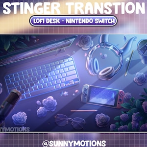 Transition animée Twitch Stream Stinger / Bureau de nuit lo-fi rétro / Casque diable en soirée / Interrupteur de console / Superposition de fleurs roses kawaii