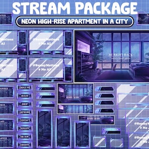 Può includere: Un pacchetto di streaming Twitch in viola e blu neon con uno sfondo di appartamento in città. Il pacchetto include varie sovrapposizioni per diversi eventi di streaming, come nuovi abbonati, donazioni e raid. Il testo "@SunnyMotions #No AI" appare su diverse sovrapposizioni.