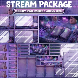 Op de afbeelding: Een paars en roze Twitch-streampakket met een griezelig roze konijn en een heksentafelthema. Het pakket bevat een verscheidenheid aan overlays, panelen en meldingen. De tekst "Be Right Back" is zichtbaar op het scherm.