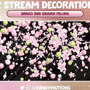 Könnte beinhalten: Eine digitale Illustration von rosa Kirschblüten und grünen Dango, die vor einem schwarzen Hintergrund fallen. Der Text "Dango and Sakura Falling" wird in einem rosa Banner oben im Bild angezeigt.