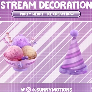 May include: Purple and white striped party hat with a fuzzy white pom pom on top.  The hat is sitting on a purple and white checkered background.  The text "PARTY HEART - ICE CREAM BOW" is displayed above the hat.