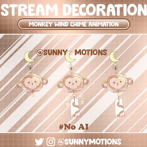 May include: Animated monkey wind chime decoration with a brown and gold color scheme. The chime features a cartoon monkey face and a hanging string of beads. The text "@SUNNY MOTIONS" and "#No AI" are also included in the image.