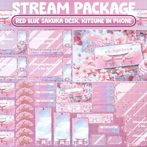 以下が含まれることがあります： ピンクとブルーのストリーマーパッケージには、赤と青の桜のデスク、電話の中のキツネ、ストリーミング用のオーバーレイが数多く含まれています。オーバーレイには、「Be Right Back」オーバーレイ、「New Subscriber」オーバーレイ、「New Follower」オーバーレイが含まれています。