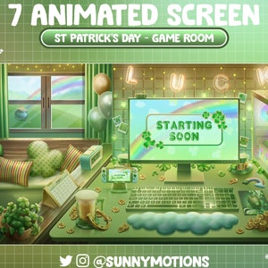 Könnte beinhalten: Ein grüner und goldener animierter Bildschirm für ein Spielzimmer mit einem Kleeblatt- und Regenbogen-Design. Der Text auf dem Bildschirm lautet "Start bald".