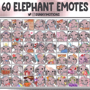 May include: A set of 60 digital cartoon elephant emotes with various expressions, including happy, sad, angry, surprised, and more. The emotes are designed in a cute and colorful style.  @SunnyMotions