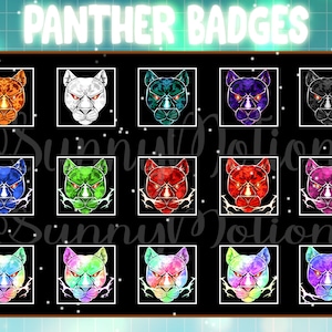 May include: A set of 12 digital panther badges in various colors, including orange, white, green, blue, red, purple, and tie-dye. The panther faces are stylized with sharp teeth and glowing eyes. The badges are perfect for use on social media, websites, or other digital platforms.