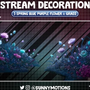 May include: A digital illustration of a stream decoration featuring blue and purple flowers and grass. The text "3 SPRING BLUE PURPLE FLOWER & GRASS" is displayed above the image.