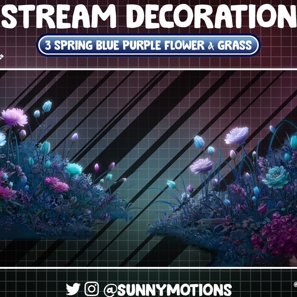 3 Animated Stream Decoration: Magical Glowing Blue Purple Garden Twitch Overlay, Fairy Flower, Peony, Wolf's bane, Spring Night Deco For OBS