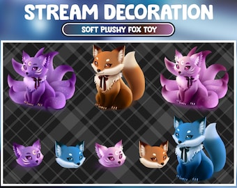 Animated Stream Decoration Animal Soft Plushy Toy / Kawaii Twitch Overlay / Lofi Aesthetic Purple Pink Blue Brown Nine Tail Fox Twitch Addon