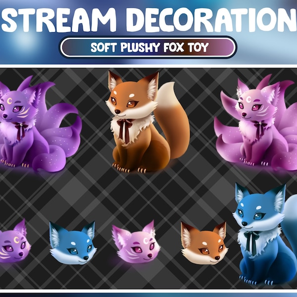 Animated Stream Decoration Animal Soft Plushy Toy / Kawaii Twitch Overlay / Lofi Aesthetic Purple Pink Blue Brown Nine Tail Fox Twitch Addon