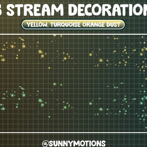 May include: A digital illustration of a grid with three streams of yellow, turquoise, and orange dust. The text "3 STREAM DECORATION" is at the top of the image and "YELLOW, TURQUOISE ORANGE DUST" is in a banner below the text. The text "@SUNNYMOTIONS" is at the bottom of the image.