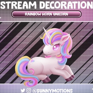 May include: A cartoon rainbow unicorn with a pink body, a yellow horn, and a rainbow mane and tail. The unicorn is sitting on a black and white striped background with the text "STREAM DECORATION" and "RAINBOW HORN UNICORN" above it.