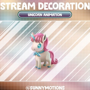 May include: A white unicorn with pink hair and a blue bow tie. The unicorn has blue eyes and a gold horn. The unicorn is standing on a white and pink striped background. The text "UNICORN ANIMATION" is displayed in a white box with a gray border.