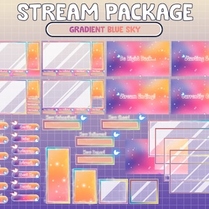 Peut inclure: Un ensemble de superpositions de flux Twitch avec un fond de ciel bleu dégradé et des accents roses, oranges et jaunes. Les superpositions comprennent un démarrage imminent, un retour imminent, une fin de flux, actuellement hors ligne, un nouveau follower, un nouvel abonné et d'autres panneaux.
