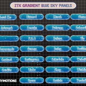 Könnte beinhalten: 27 verlaufende blaue Himmelspaneele mit Textbeschriftungen für soziale Medien, Websites und andere Online-Inhalte. Die Paneele haben einen blauen bis weißen Farbverlauf mit einem weißen Rahmen und einem weißen Sternenmuster.