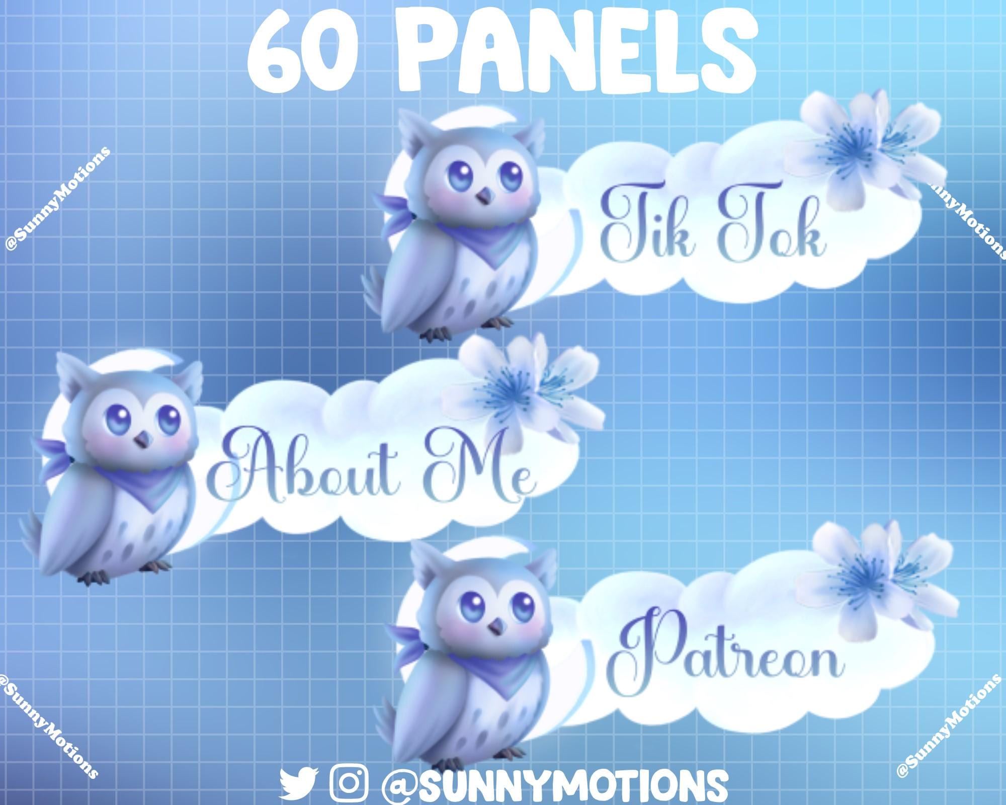 60 Kawaii Blue Owlet On Dreamy Cloud Twitch Panels, Minimal Aesthetic Design, Cottagecore Cozy Panels For Streamer, Banners, Cute Owl Panels