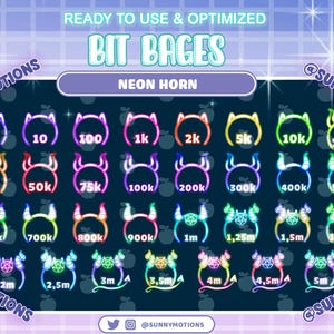 May include: A set of 20 neon horn bit badges for Twitch, YouTube, or other streaming platforms. The badges are in various colors and feature different bit amounts, from 1 to 5 million.