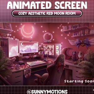 Op de afbeelding: Een roze en rode gamingkamer met een computeropstelling, een gamingstoel en een neon maanbord. De tekst "Starting Soon" wordt op het scherm weergegeven.