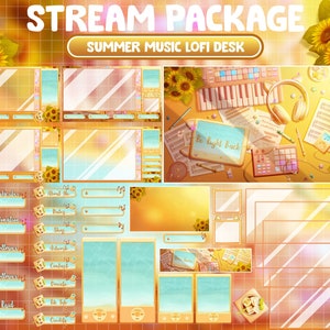 アニメーション Twitch ストリーム パッケージ オーバーレイ: 夏のレトロな Lofi 作曲家の勉強机 / 居心地の良い美しいひまわりの植物の部屋 / 音楽猫のテーマ アラート