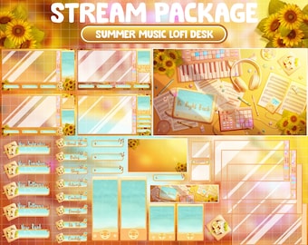 Animated Twitch Stream Package Overlay: Summer Retro Lofi Composer Study Desk / Cozy Aesthetic SunFlower Plant Room / Music Cat Theme Alert