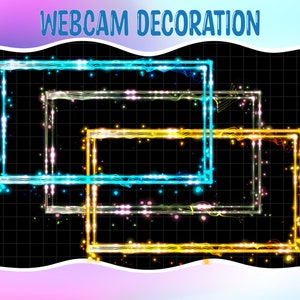 Könnte beinhalten: Drei leuchtende Neonrahmen in Blau, Grün und Gold auf schwarzem Hintergrund mit einem Gittermuster. Die Rahmen sind übereinander gelegt und erzeugen so einen dynamischen und farbenfrohen Effekt.  "Webcam Decoration" steht in Weiß oben im Bild.