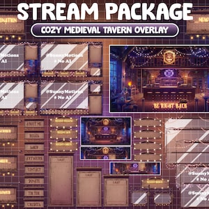 May include: A digital overlay package for streaming with a medieval tavern theme. The package includes various elements such as a new donation alert, new host alert, new subscriber alert, new follower alert, about me section, rules section, shop section, artwork section, contact section, donate section, tip jar section, credits section, chat section, and a be right back section. The overlay features a cozy tavern scene with a bar, tables, and chairs, all decorated with string lights. The text "@SunnyMotions #No AI" appears in several places on the overlay.