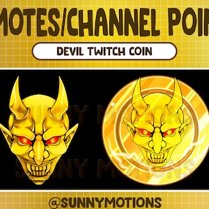 May include: A gold coin with a devil face design. The coin has a red and yellow color scheme and the text "DEVIL TWITCH COIN" is displayed above the coin.