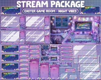 ANIMATED Twitch Overlay Stream Package: Pink Blue Easter's Day Game Room Set Up, Bedroom, Rabbit Bunny Balloon, Chick Egg Light Night Vibes