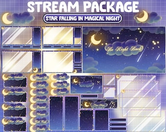 FULL ANIMATED Twitch Stream Package / Cozy Magical Night Sky Overlay / Aesthetic Cloud / Crescent Moon / Star Falling / Comet / Alerts Panel