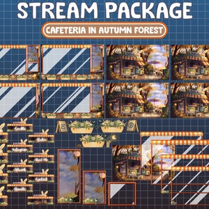 FULL ANIMATED Twitch Overlay Stream Package: Cozy Coffee Shop In Magical Autumn Forest / Cafe / Cookies / Cake / Light / Blue / Orange Pack