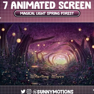 Animated Pink Green Magical Light Spring Forest Twitch Screen Overlay, Night Mossy Deep Valley Cherry Blossom Stream Scene Vtuber Background