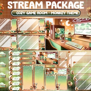 Può includere: Un'illustrazione digitale di una confortevole sala giochi a tema scimmia. La stanza presenta un computer, una scrivania, una sedia e una varietà di decorazioni a tema scimmia. L'illustrazione è in stile cartone animato e presenta colori vivaci. Il testo "Be Right Back" è visualizzato sullo schermo del computer.